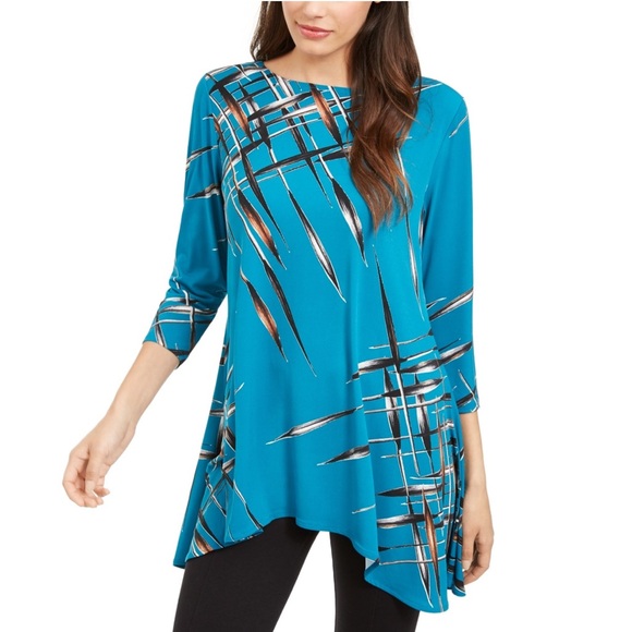 Alfani Womens Printed High Low Swing Tunic in Teal Petite Small - Picture 7 of 9